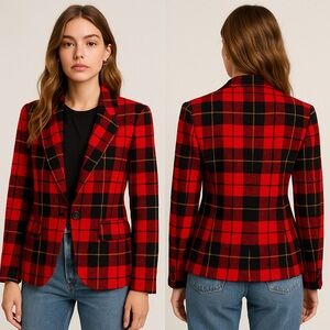 DKNY Donna Karan NY Vintage Red & Black‎ Plaid Boucle Wool Blend Blazer Sz. 4